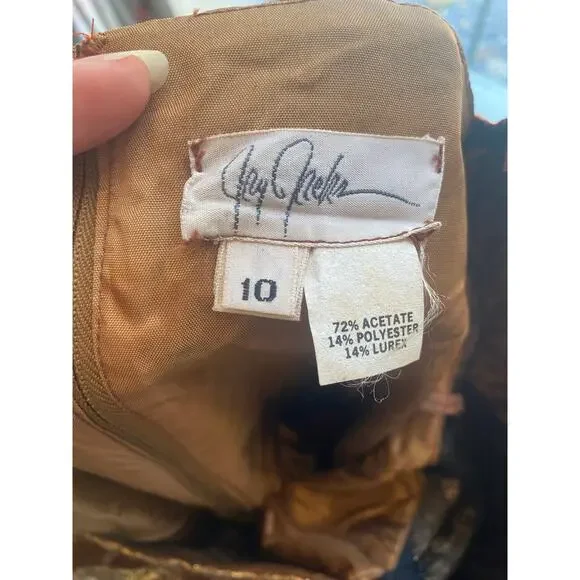 1970s rust and gold brocade formal gown puff sleeves jay jacks metallic ombre sm - Picture 10 of 10